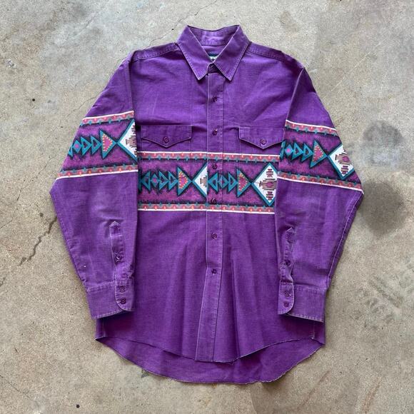 Vintage Wrangler Brushpopper Purple Aztec Western Button Up Mens Size 16-33 - Picture 1 of 6